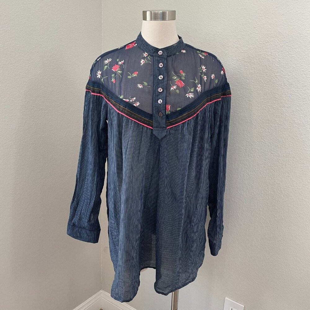Free People Womens‎ Small Oversized Floral Top Blouse Pockets Boho Shirt